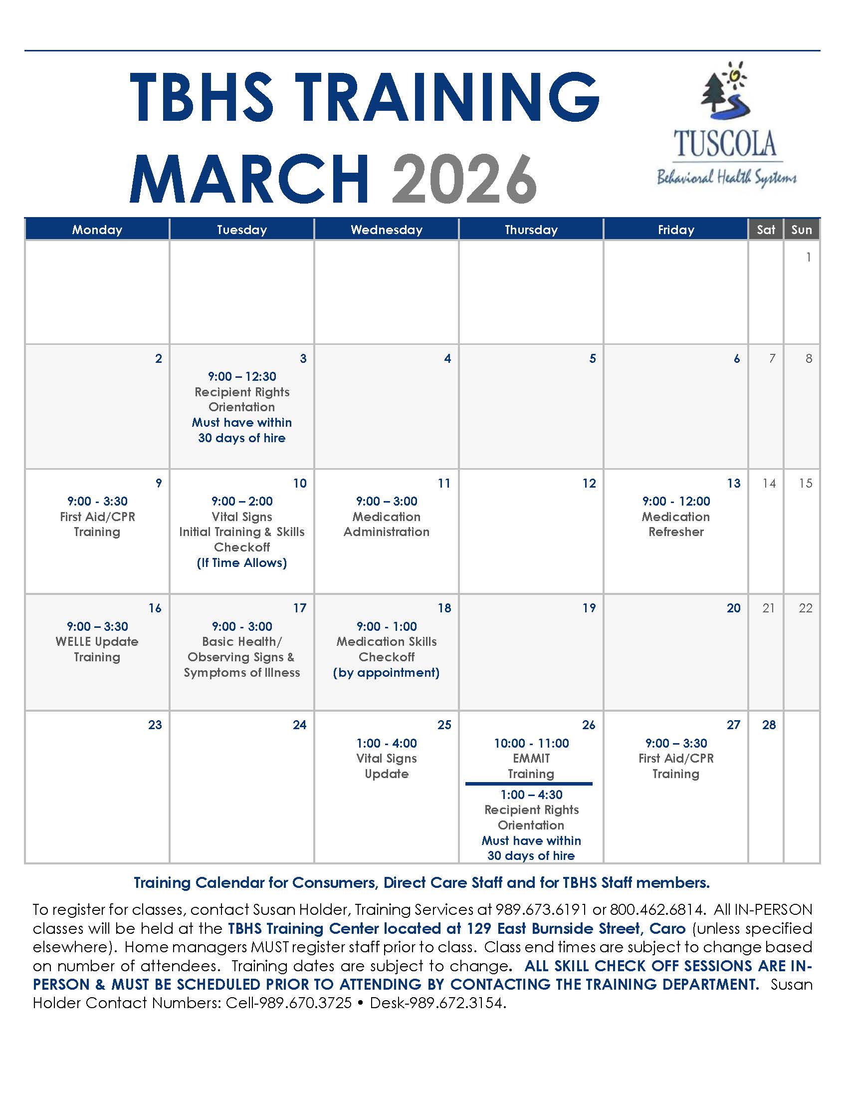 March Training Calendar