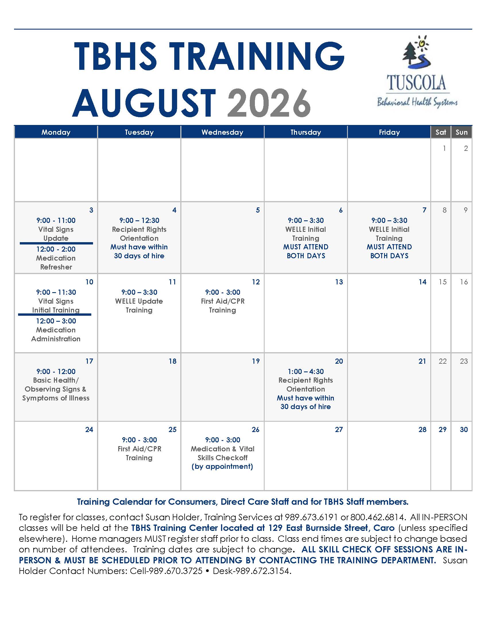 August 2026 Training Calendar